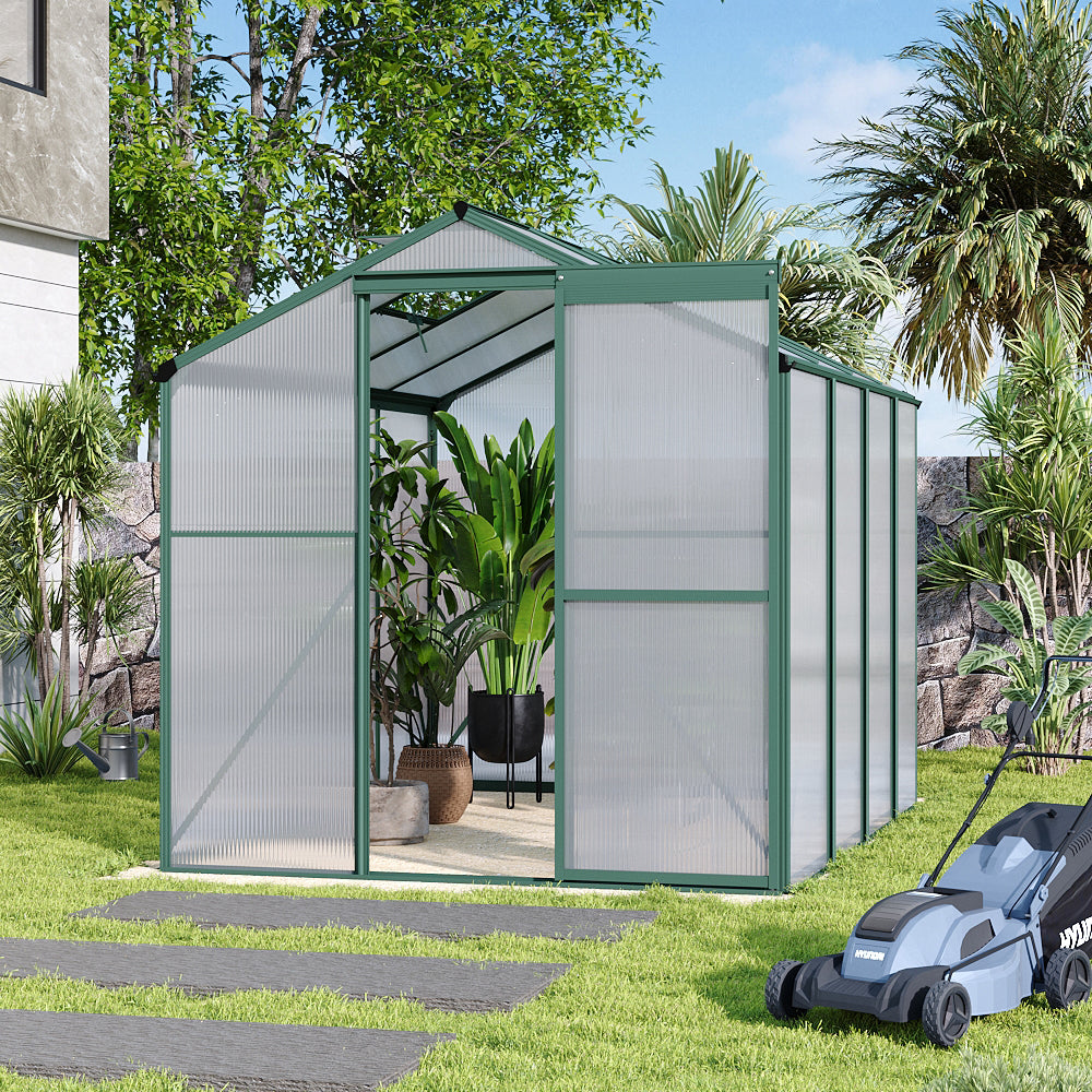 8x6ft aluminium greenhouse in garden with plants – ideal for vegetable and flower cultivation