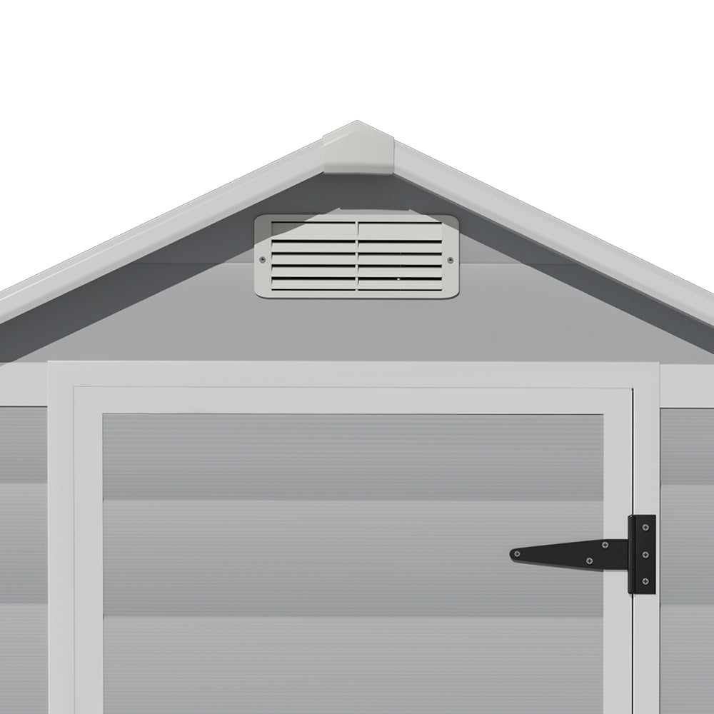 Ventilation panel detail on grey plastic tool shed – promotes airflow and reduces moisture inside