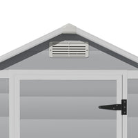 Ventilation panel detail on grey plastic tool shed – promotes airflow and reduces moisture inside