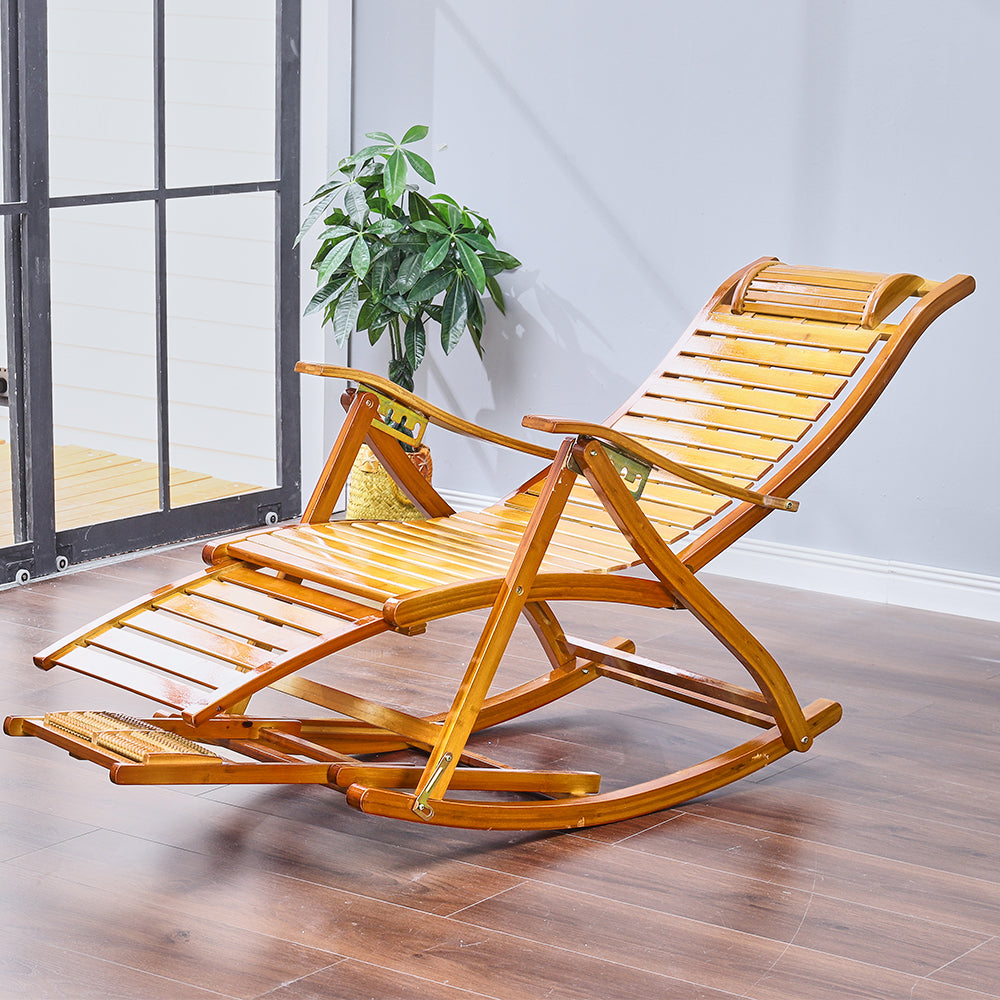 Outdoor bamboo recliner placed in a peaceful garden setting