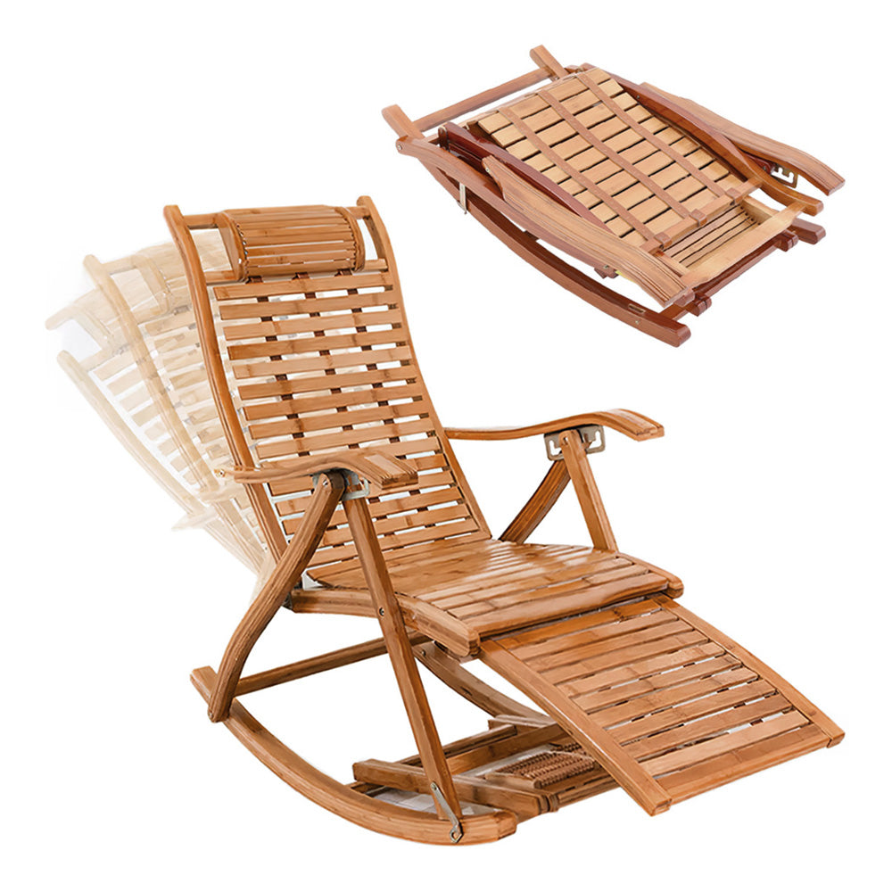 Rocking and folding mechanism of brown bamboo garden recliner
