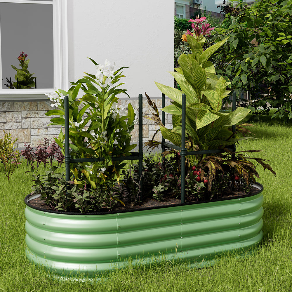 Light green galvanized steel raised bed in garden – perfect for vegetables and flowers with easy assembly