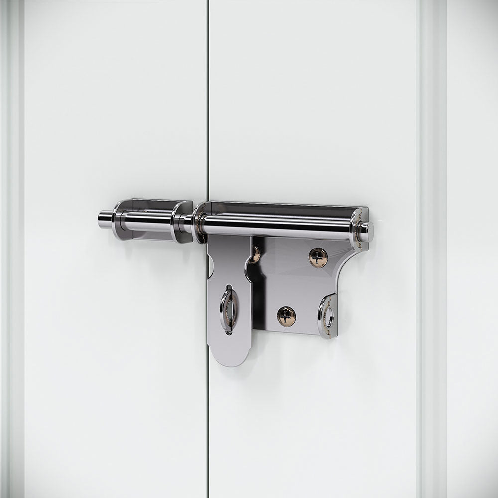 Detailed view of metal latch and padlock-ready door handle on 8x5ft black outdoor storage shed