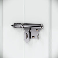 Detailed view of metal latch and padlock-ready door handle on 8x5ft black outdoor storage shed