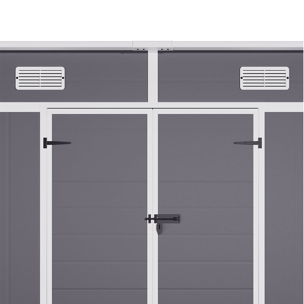 Close-up of double doors and built-in air vent on 8x4ft plastic garden shed – improved airflow and accessibility