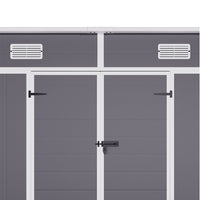 Close-up of double doors and built-in air vent on 8x4ft plastic garden shed – improved airflow and accessibility