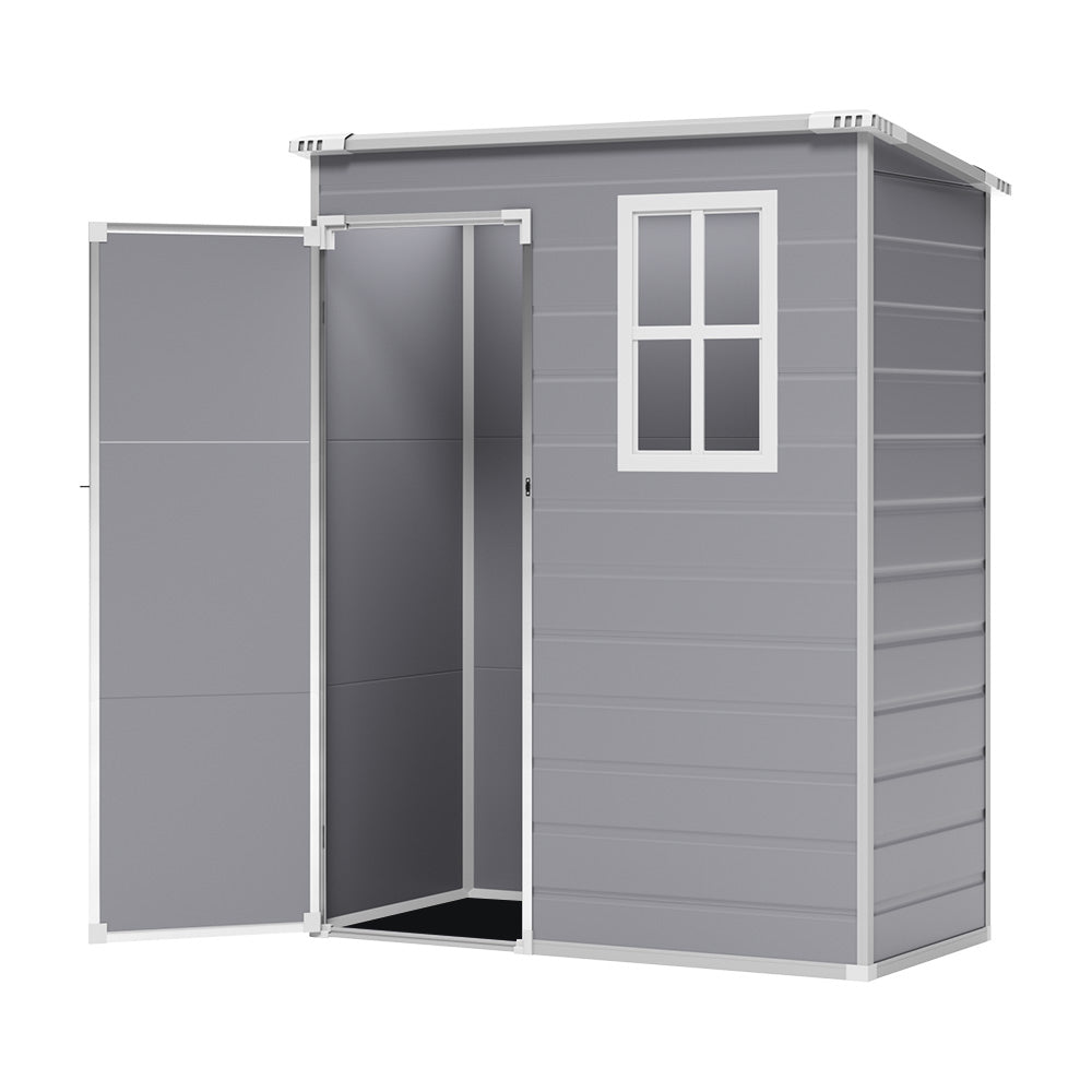 compact 5x3ft grey plastic outdoor storage shed with secure door, shown on plain white background