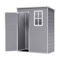compact 5x3ft grey plastic outdoor storage shed with secure door, shown on plain white background