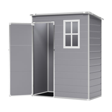 compact 5x3ft grey plastic outdoor storage shed with secure door, shown on plain white background