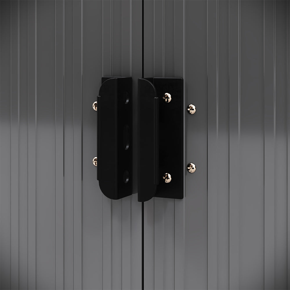 Detailed view of lockable door handle on 8x4ft galvanized steel acrylic tool shed – secure garden storage