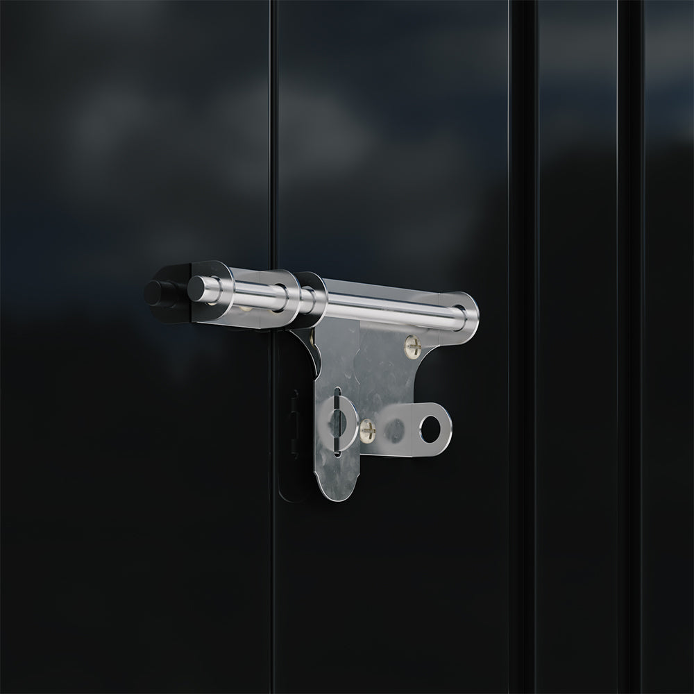 Secure latch and locking mechanism on 5x3ft outdoor storage shed – protects garden tools from theft