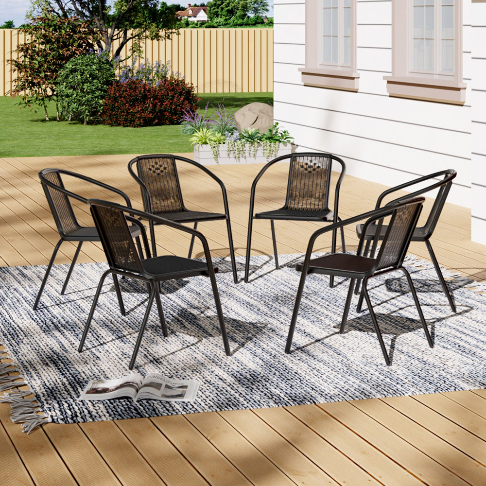 Outdoor Dining Setup with Set of 6 Black Rattan Stacking Chairs – Ideal for Garden or Patio