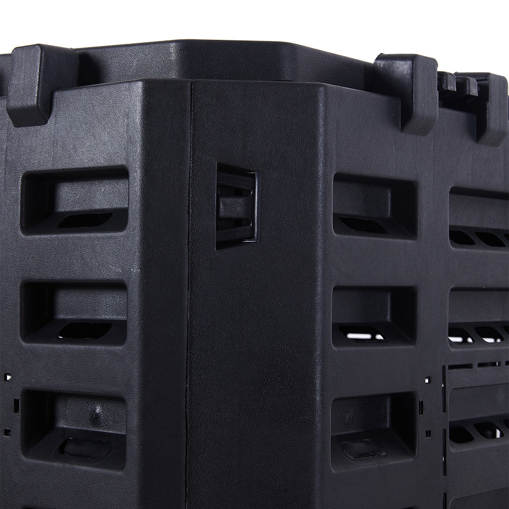 Detail view of 500L compost bin lid and base – black plastic construction with secure locking design