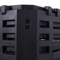 Detail view of 500L compost bin lid and base – black plastic construction with secure locking design