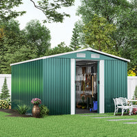 10x8ft Metal Garden Storage Shed with Apex Roof & Sliding Doors