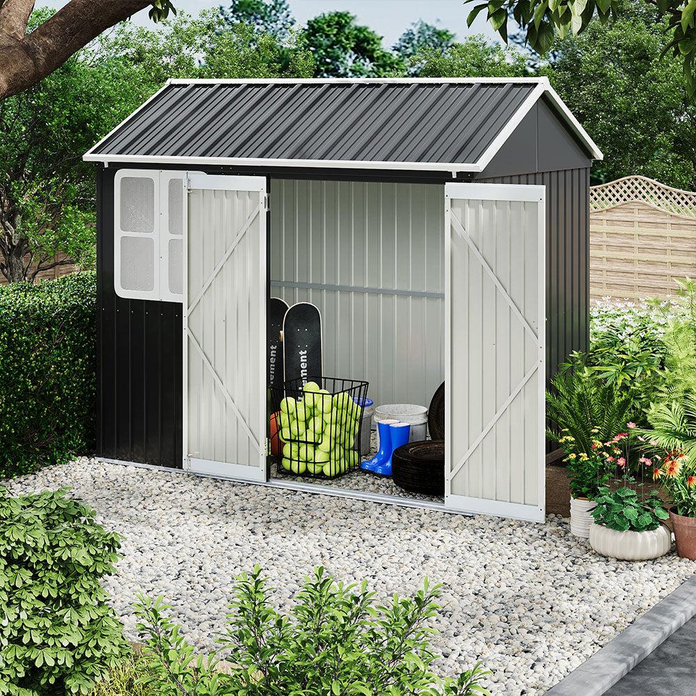 Charcoal black 8x5ft metal shed with wide-open double doors – ideal for storing gardening tools and bikes outdoors