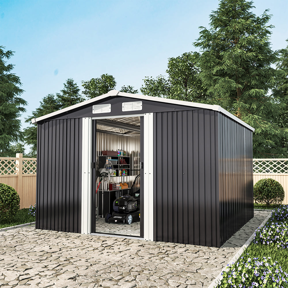 8x8ft Metal Garden Storage Shed with Apex Roof & Sliding Door