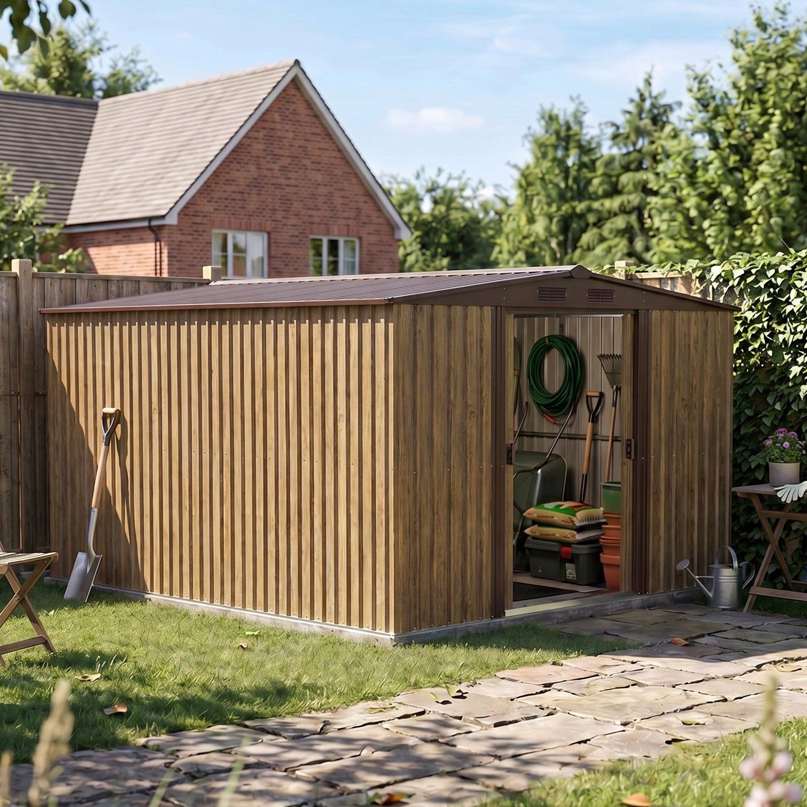 8x10ft Wood Grain Metal Garden Storage Shed With Double Sliding Doors