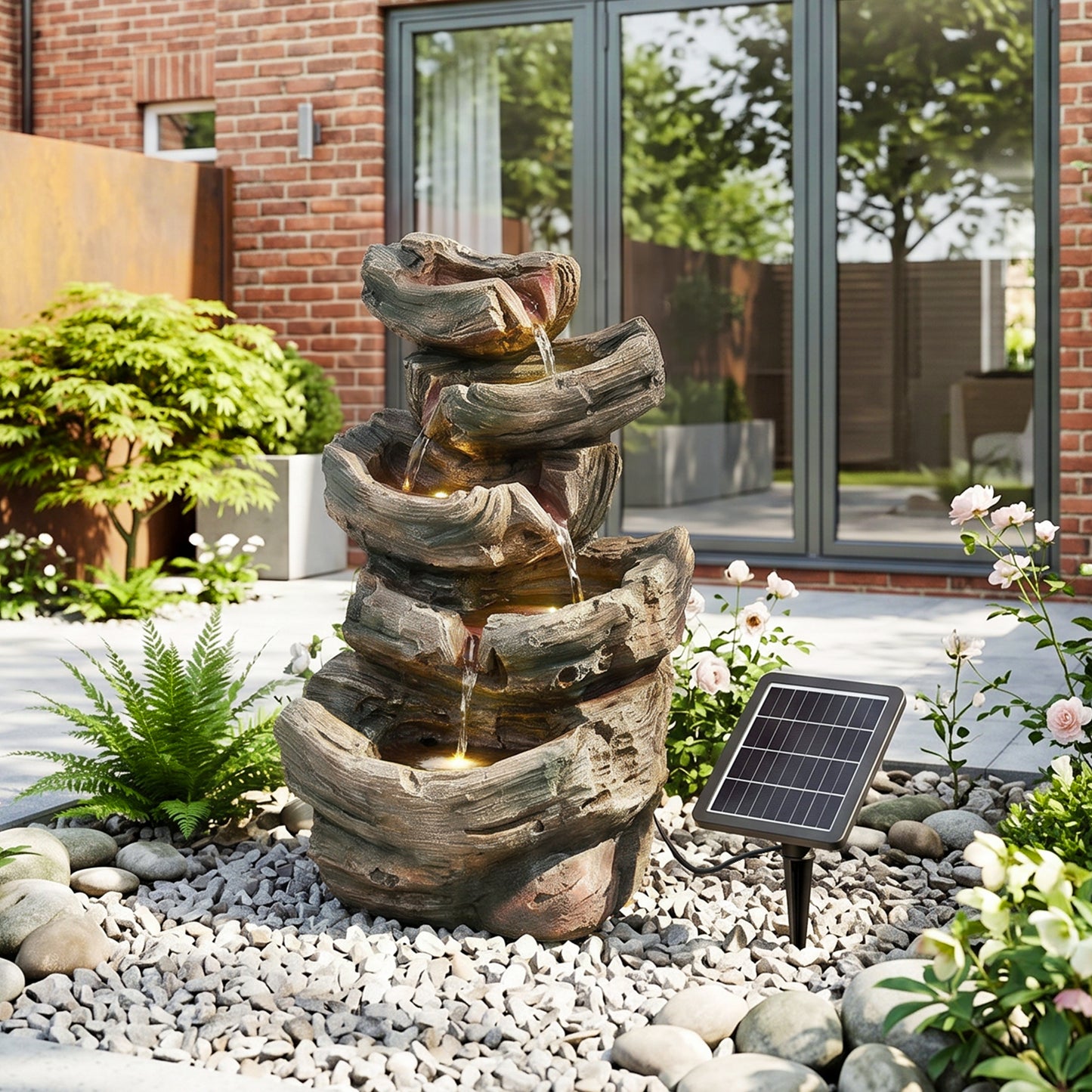 Solar-Powered Water Fountain Tree Stump Waterfall Gardening Decor