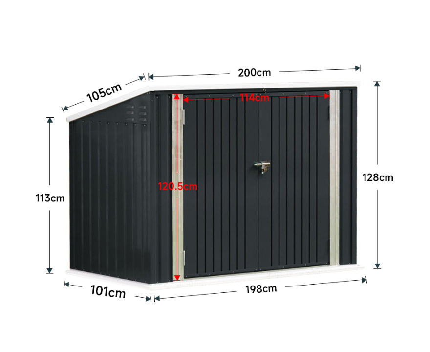 dimension diagram of 6x4ft black garden steel bin storage shed showing height, width, and depth