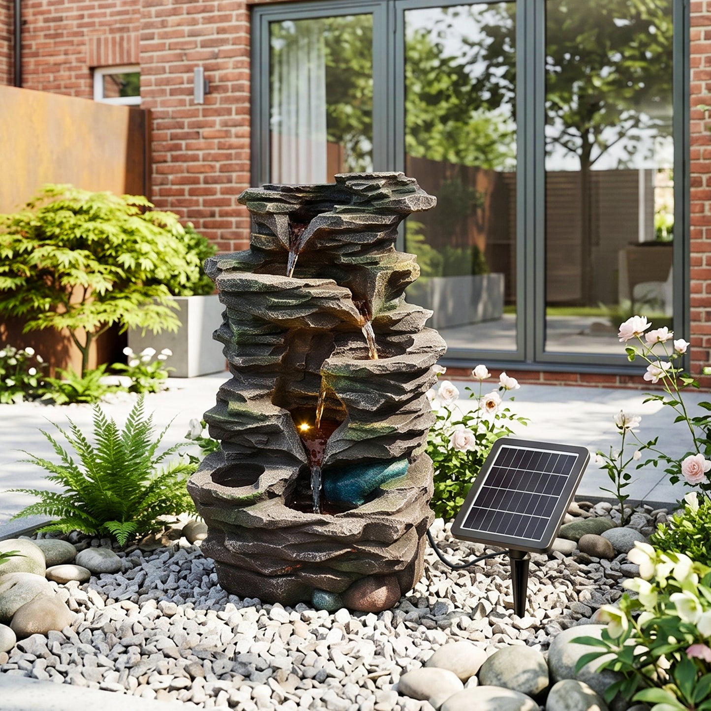 Solar-Powered Water Fountain Garden Outdoor Feature with LED Lights