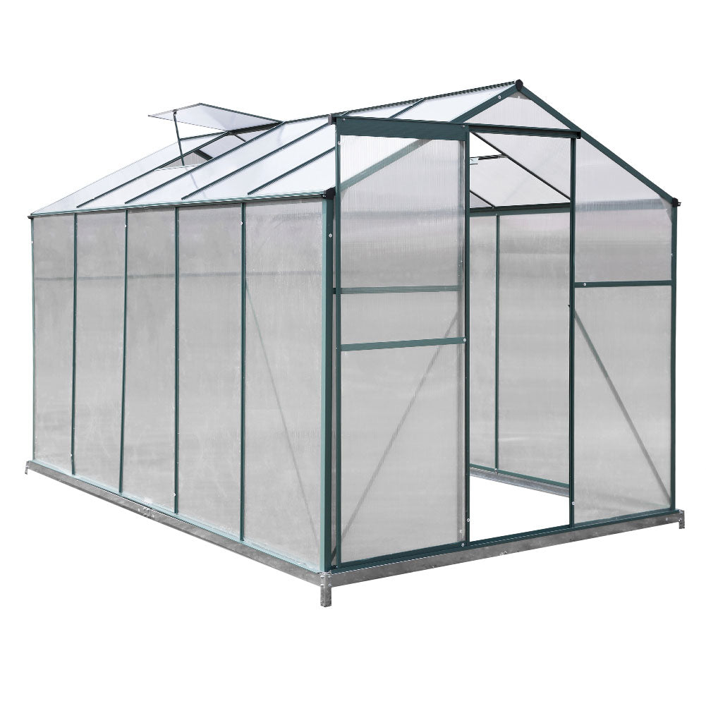 10x6ft Greenhouse with Green Powder-Coated Aluminium Frame and Clear Polycarbonate Panels – Studio View