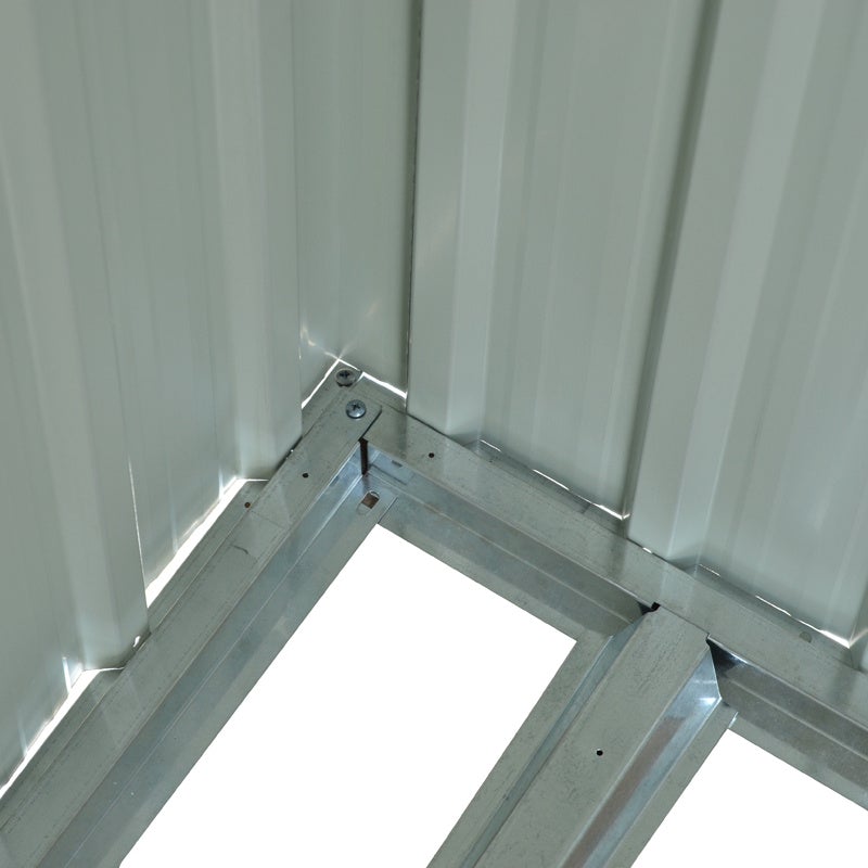 Close-Up of Interior Corner – Reinforced Metal Frame of Green 4x6ft Storage Shed