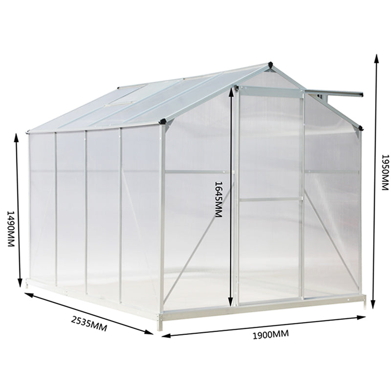 dimension diagram of 8x6ft greenhouse with silver aluminum frame and base