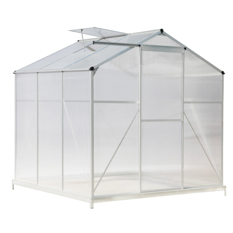 8x6ft garden greenhouse with silver frame and base, isolated on white background