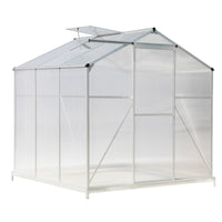 8x6ft garden greenhouse with silver frame and base, isolated on white background