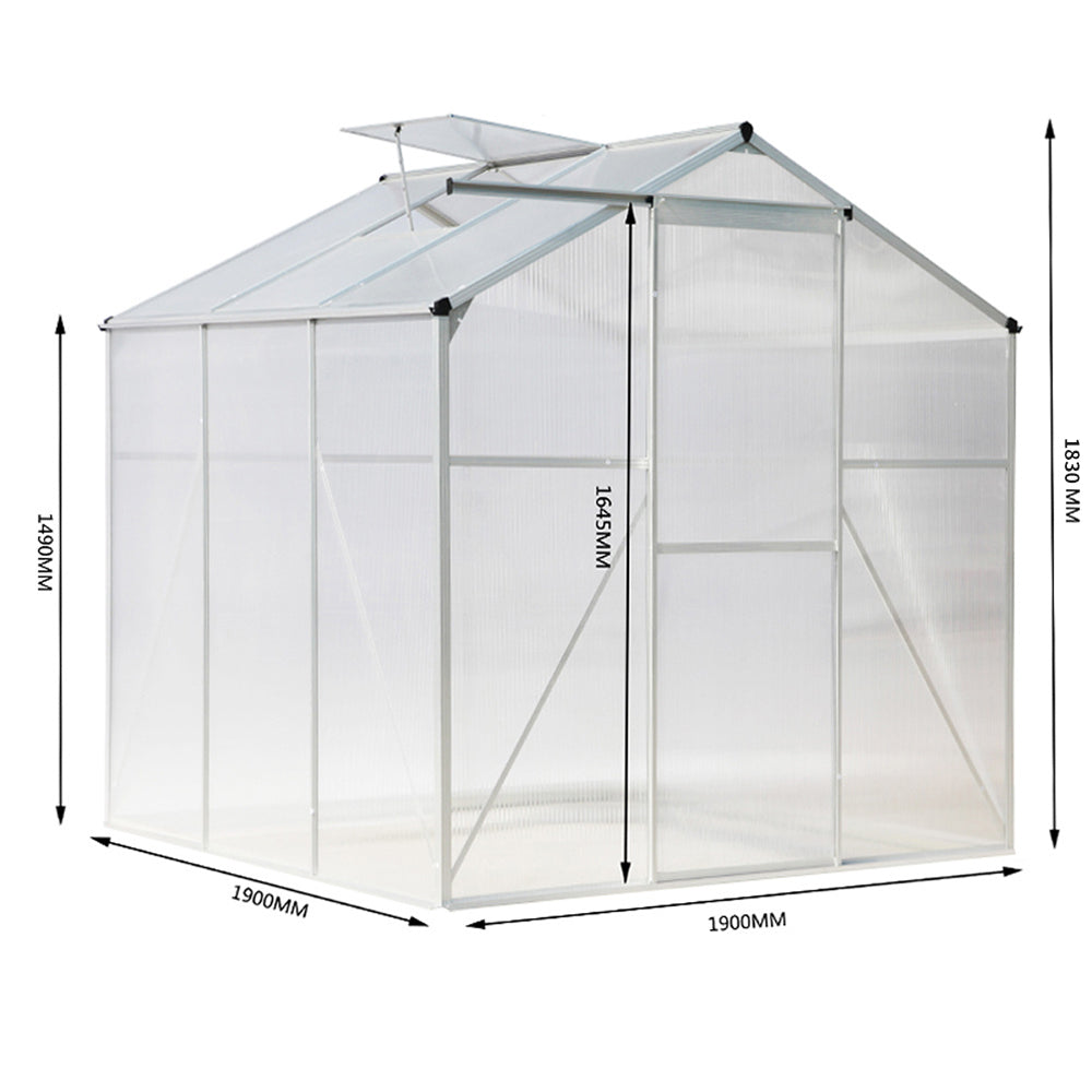 size specifications for 6x6ft garden greenhouse without base frame, aluminum construction