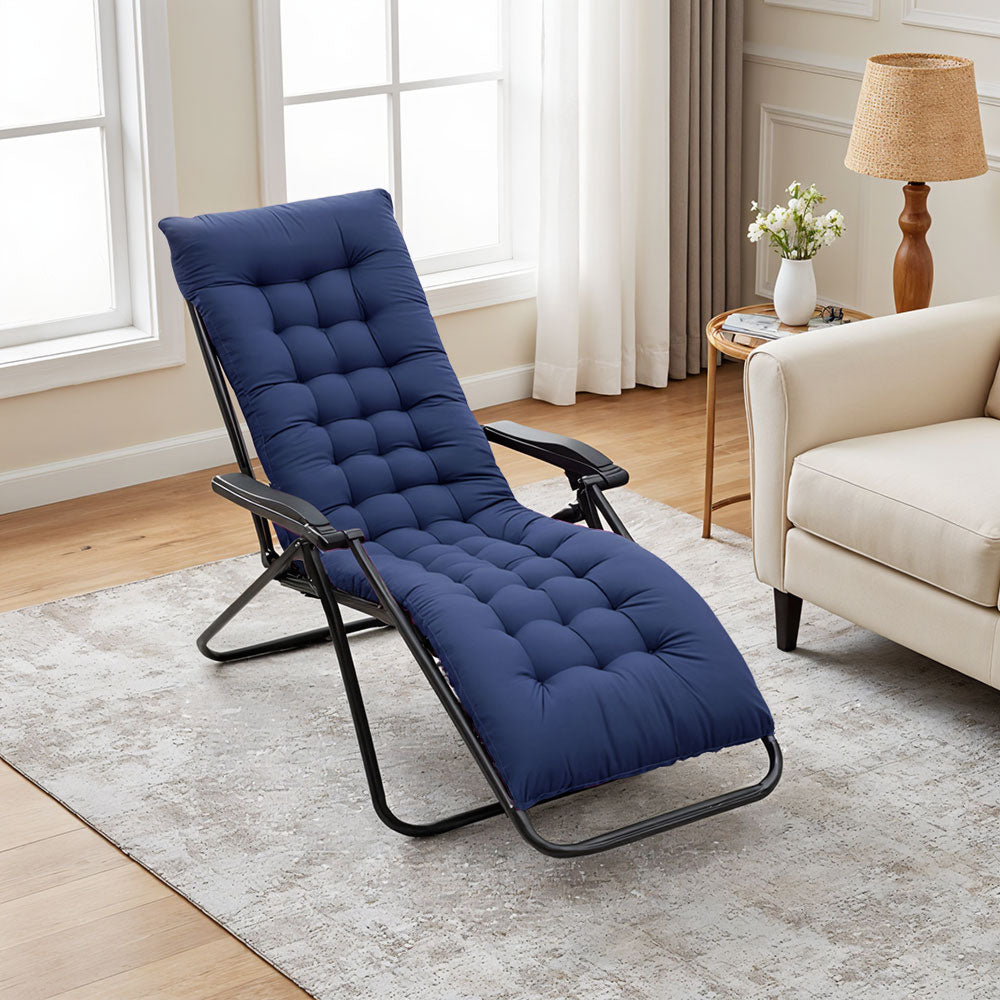 Dark Blue Outdoor Seat Cushion arranged on patio chairs in a garden setting, offering cozy seating for outdoor relaxation