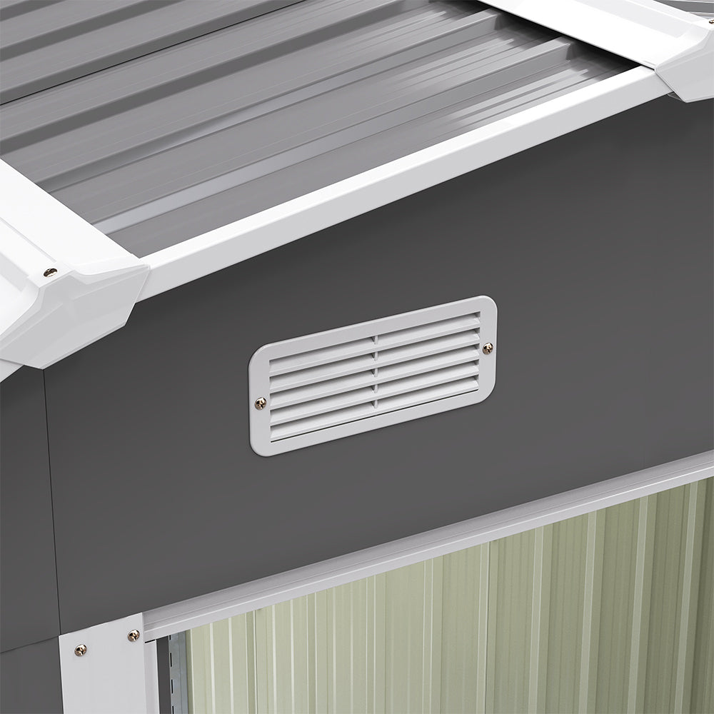 Ventilation grille close-up on 8x4ft galvanized steel acrylic storage shed – promotes circulation and dryness