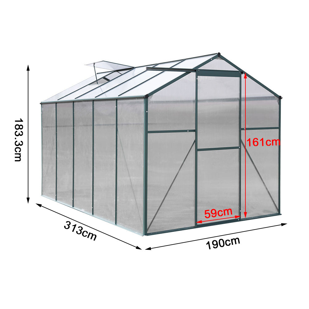 dimensions of 10x6ft green polycarbonate greenhouse – detailed length, width, and height measurements