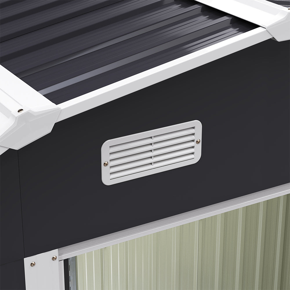 Built-in ventilation panel on 8x4ft galvanized steel acrylic tool shed – enhances airflow and prevents moisture build-up