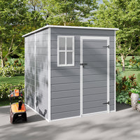 Modern 6x6ft grey plastic outdoor shed with secure door and side window – shown in residential garden