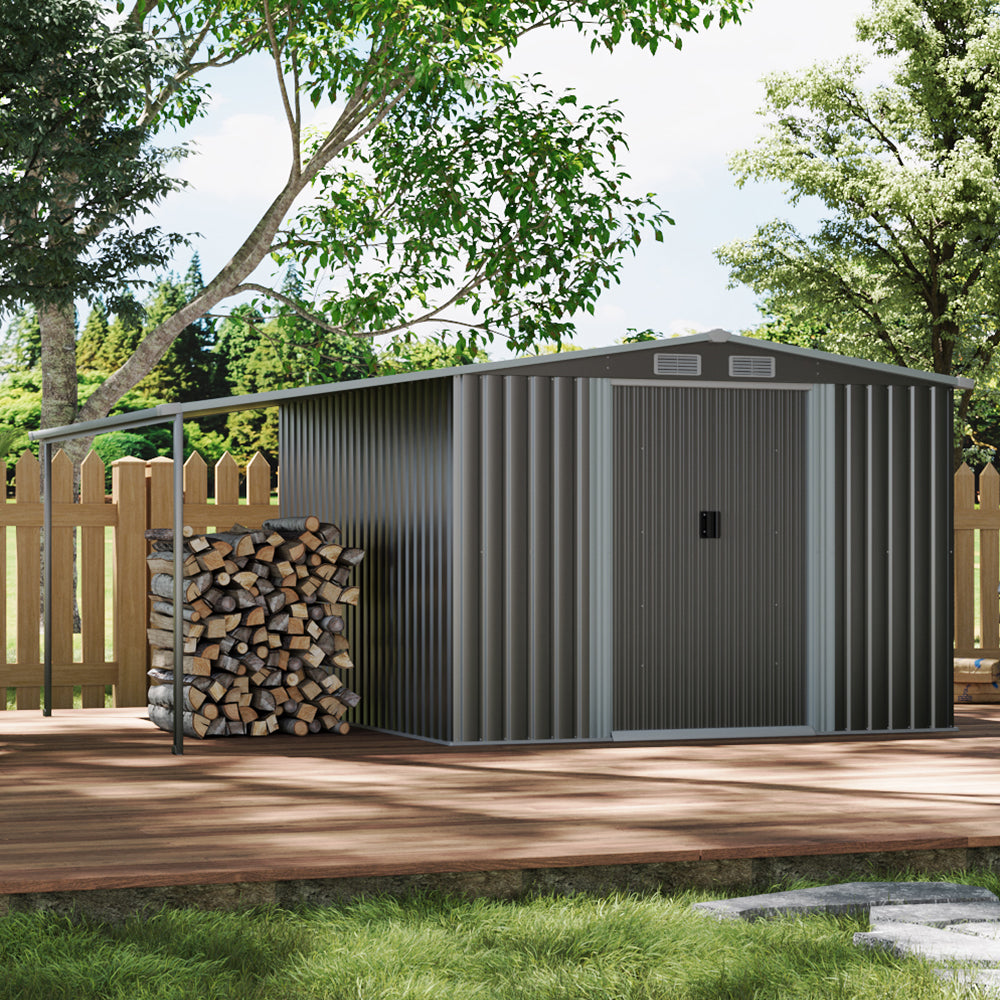 8x8ft dark grey metal storage shed with lean-to – spacious outdoor garden shed with dual storage zones