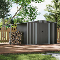 8x8ft dark grey metal storage shed with lean-to – spacious outdoor garden shed with dual storage zones