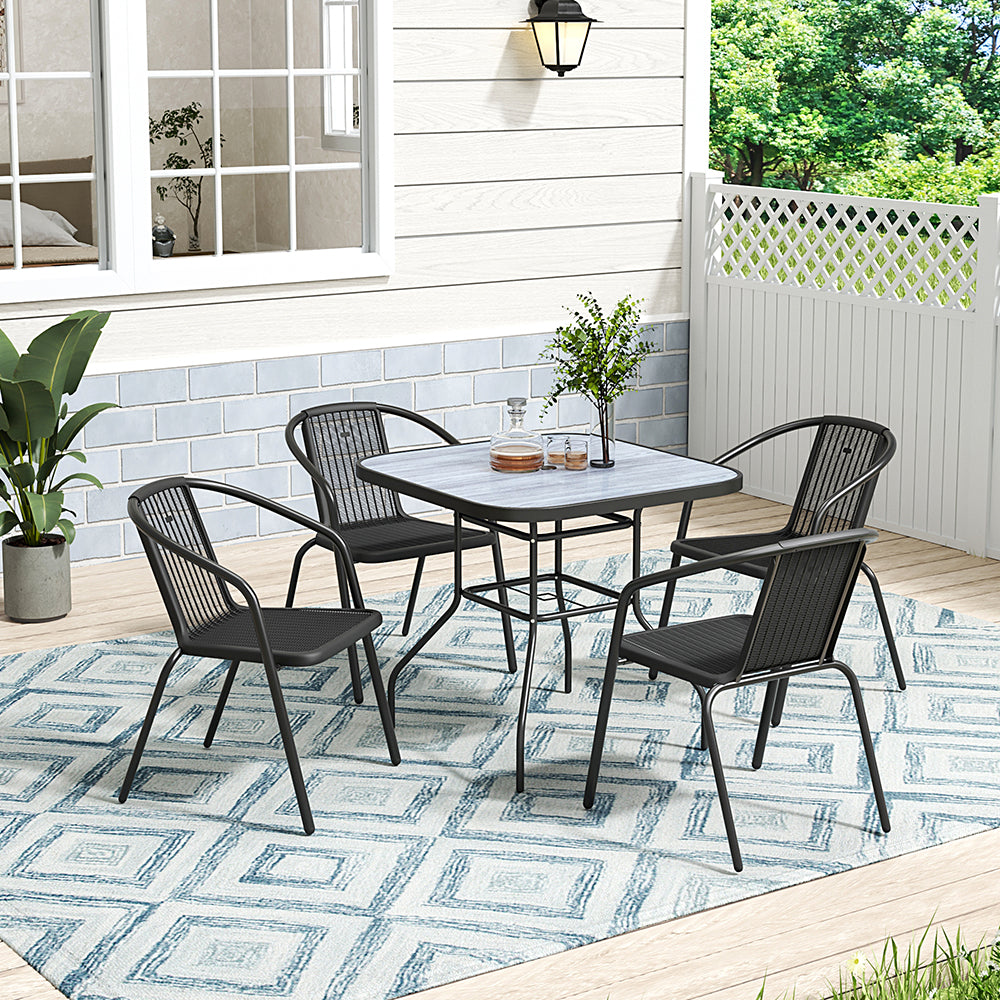 Black square patio table with tempered glass and wood grain finish, 80 x 80 cm – modern garden table
