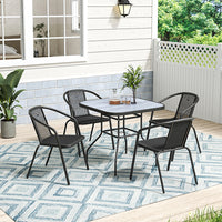 Black square patio table with tempered glass and wood grain finish, 80 x 80 cm – modern garden table