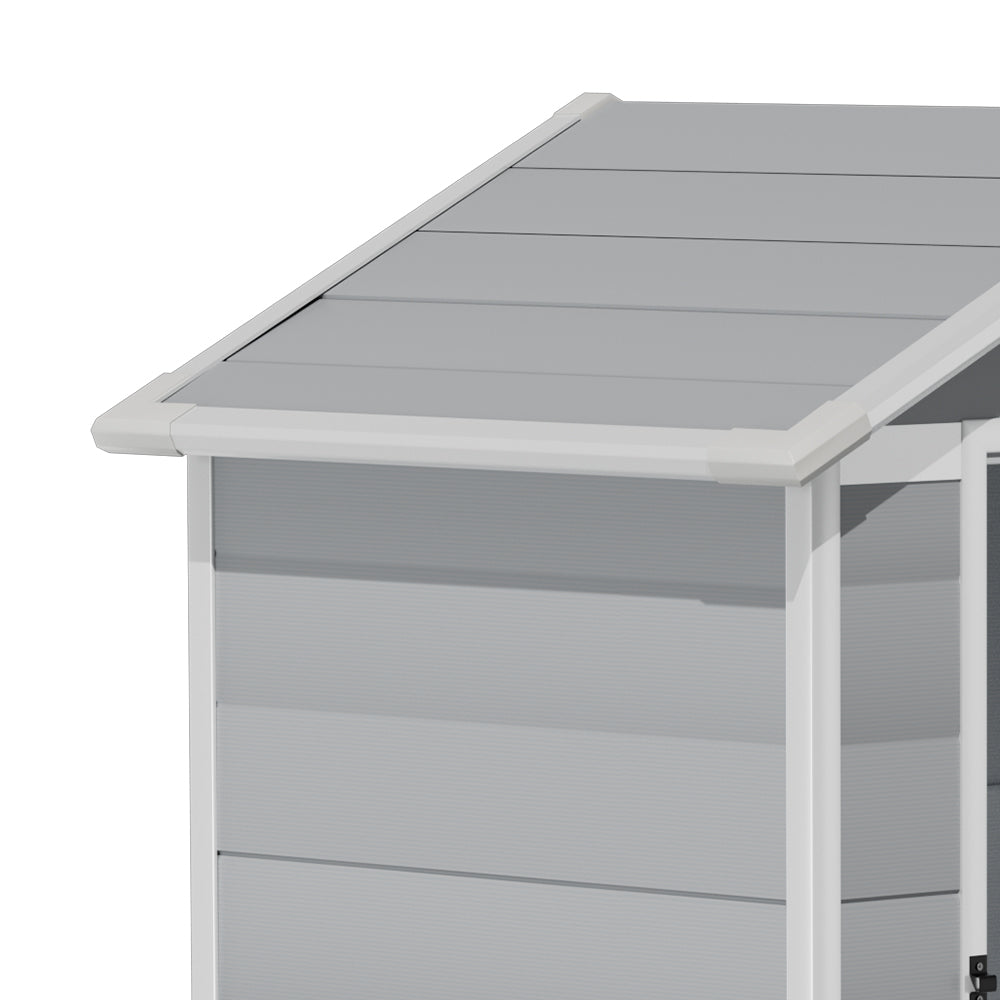 Sloped left side roof detail of 4x3ft plastic garden storage shed – designed for water drainage and durability
