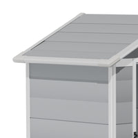 Sloped left side roof detail of 4x3ft plastic garden storage shed – designed for water drainage and durability