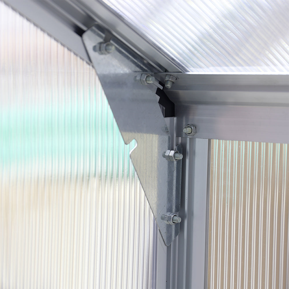 Interior Corner of 10x6ft Aluminium Greenhouse – Shows Frame Connection and Panel Fitting Detail