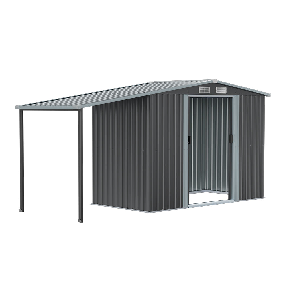 Sturdy 8x6ft galvanized steel log shed with lockable double doors and sloped pointed top – rust-resistant design