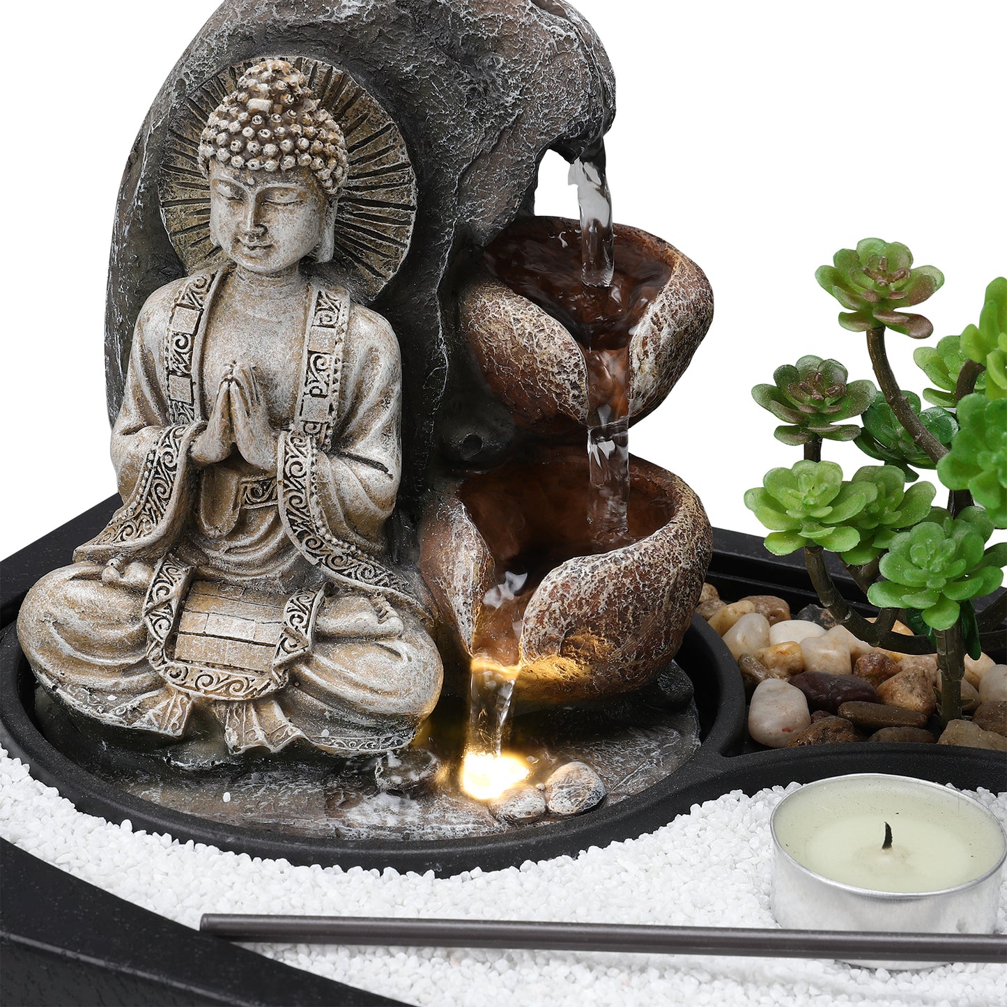 Tabletop Indoor Water Fountain with LED Light and Zen Garden