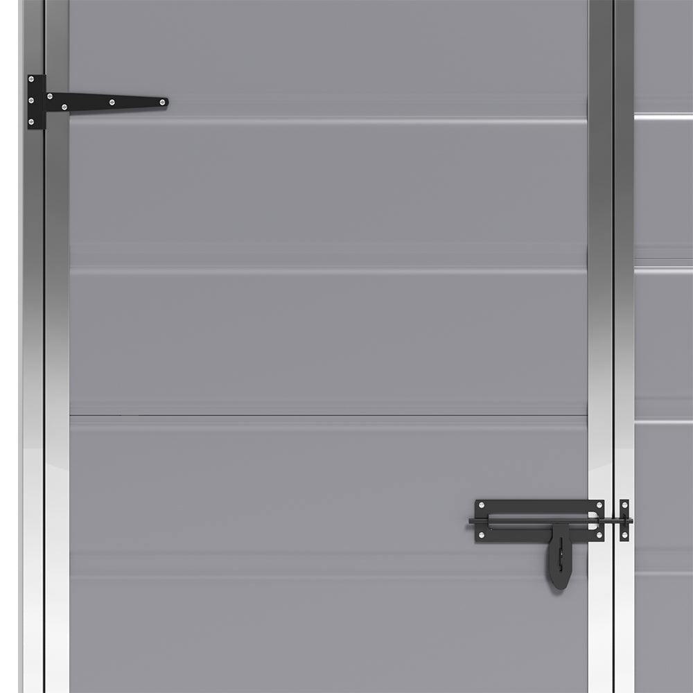 close-up of lockable door design on 5x3ft grey plastic outdoor shed for secure garden storage