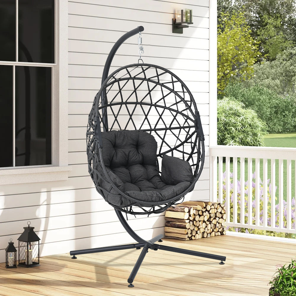 Black Rattan Patio Swing Chairs with Stand and Cushion