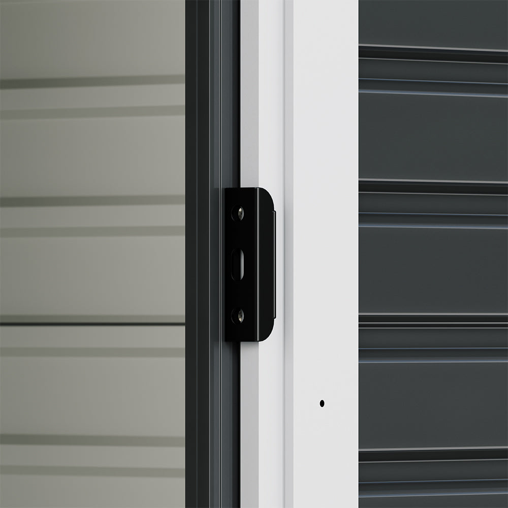 Sliding door mechanism on charcoal black garden shed – smooth operation for convenient access