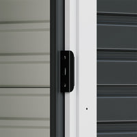 Sliding door mechanism on charcoal black garden shed – smooth operation for convenient access