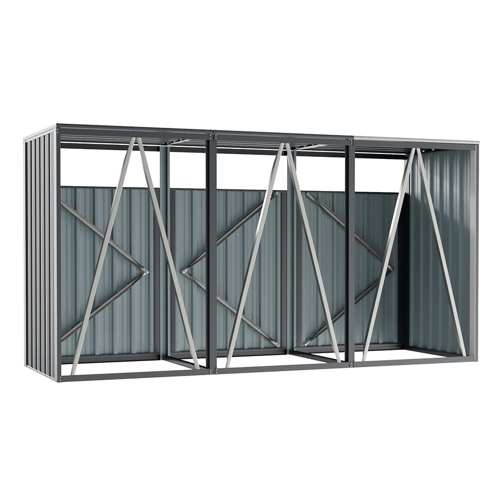 Back panel detail of 8x3ft dark grey galvanized steel bin shed – rust-resistant rear construction